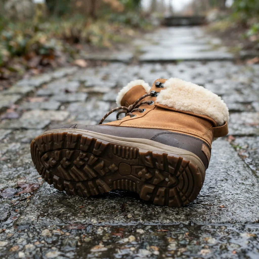 Women's winter boot turned to show its lined interior and treaded sole on a wet pavement sample