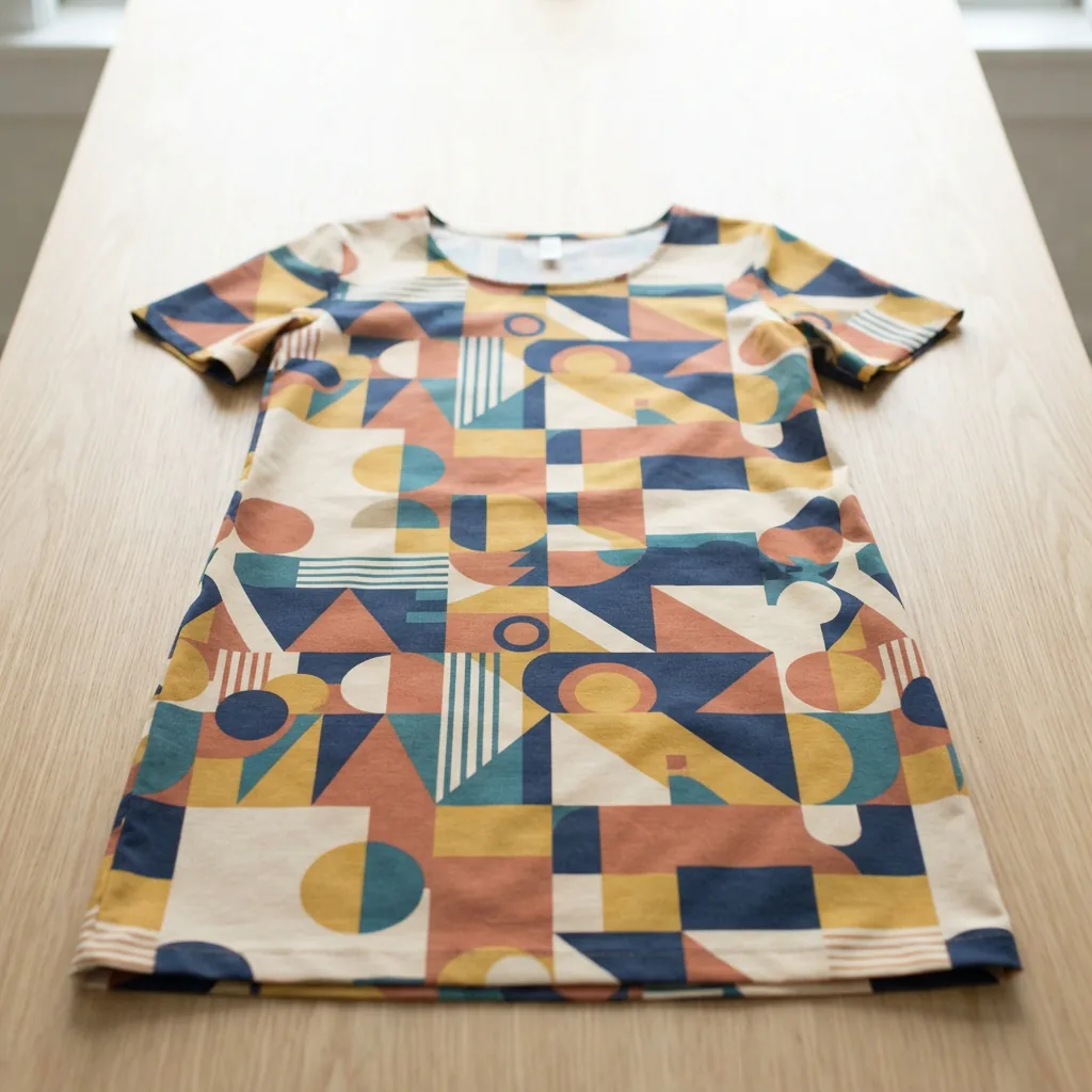 Geometric print shift dress with a scoop neck laid smooth on a bright tabletop