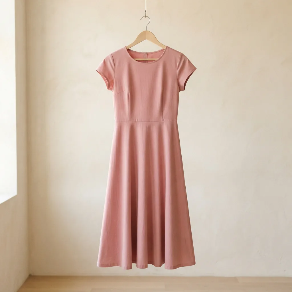 Kim Rogers A-line dress with a gently flared skirt hung alone on a wooden hanger against a light wall