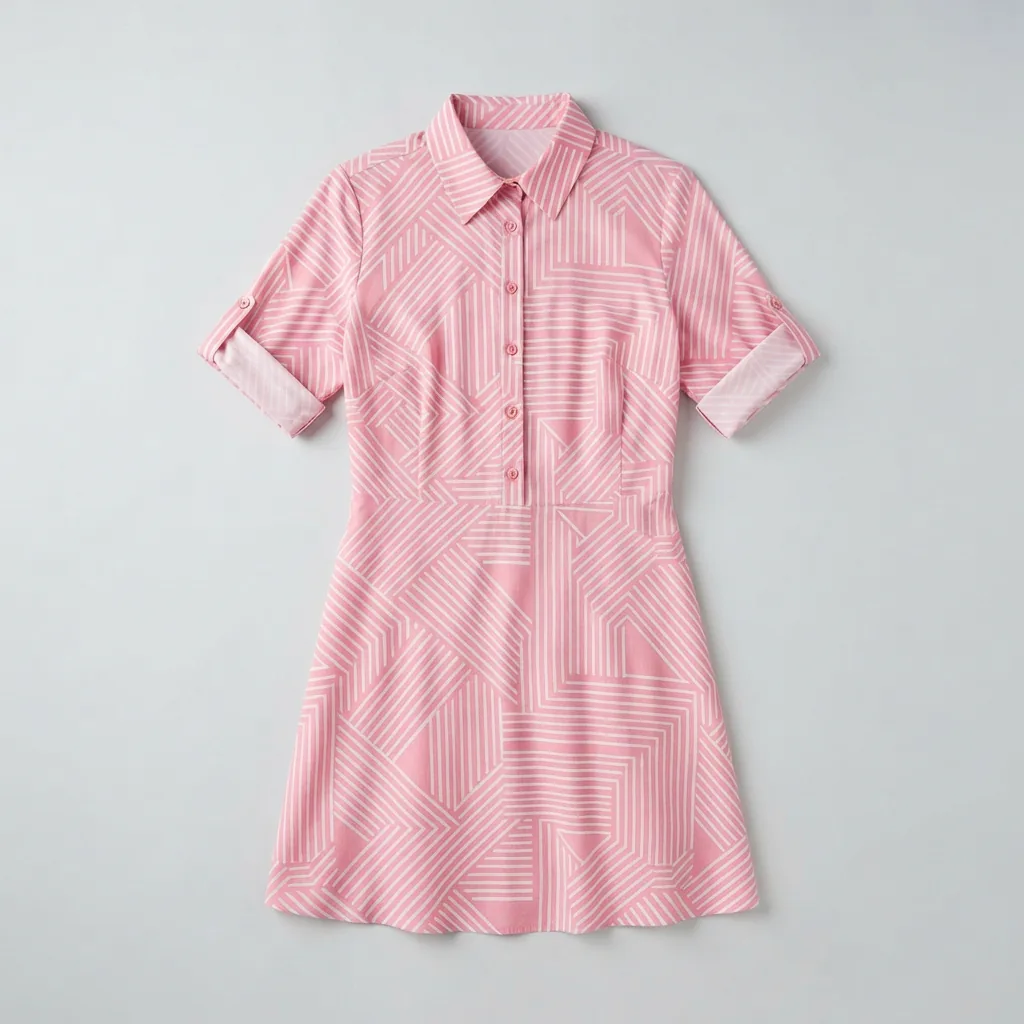 Pink and white geometric striped dress with roll tab sleeves laid flat on a pale gray backdrop