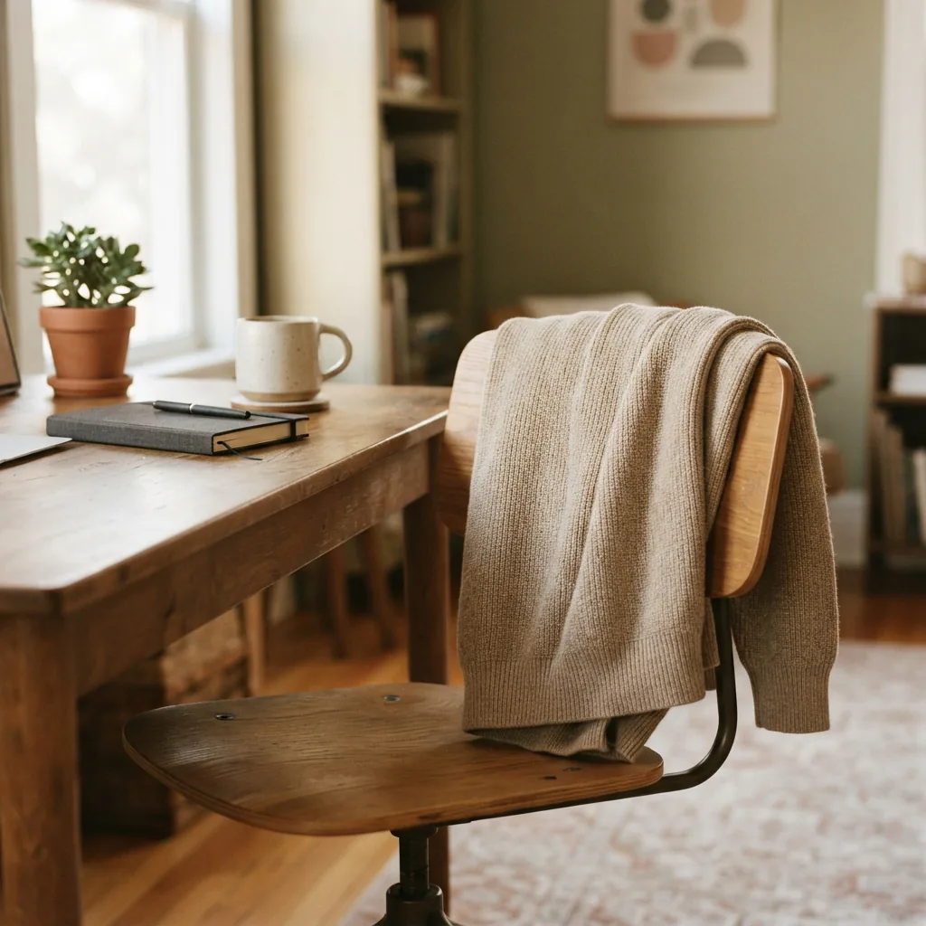 Knit sweater draped over an office chair beside a tidy desk in a home office