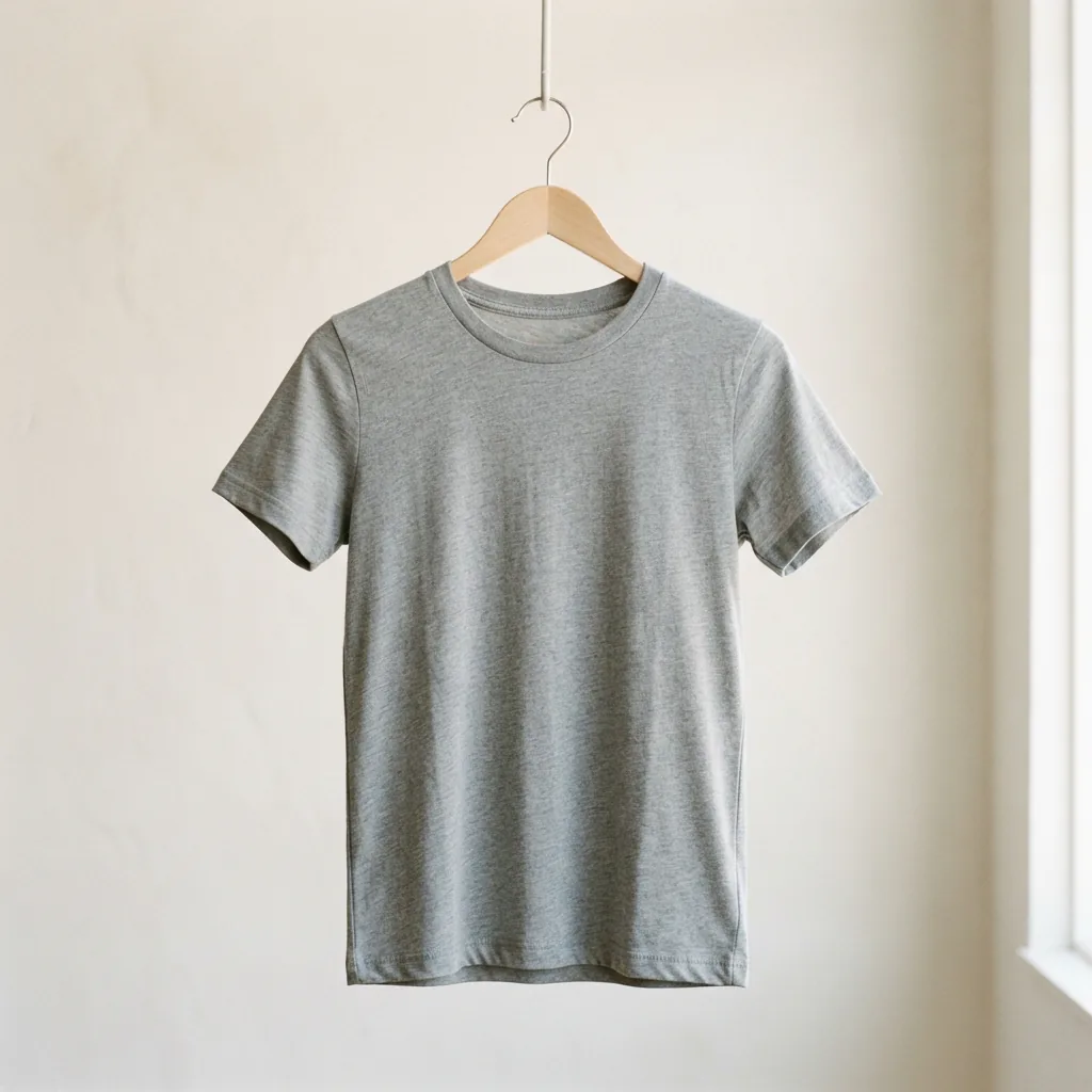 Women's short sleeve tee hung against a plain light wall