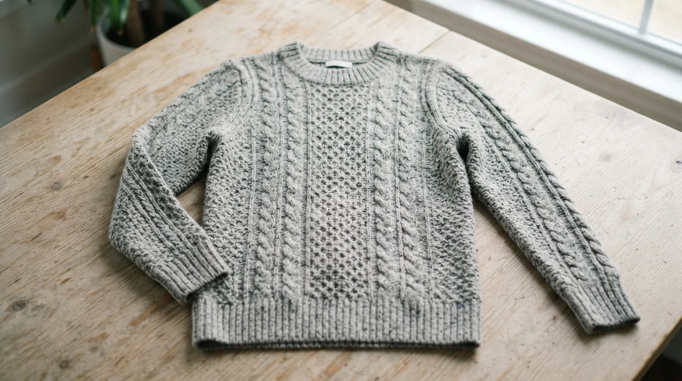 Grey marled cable knit sweater laid flat on a light wooden table