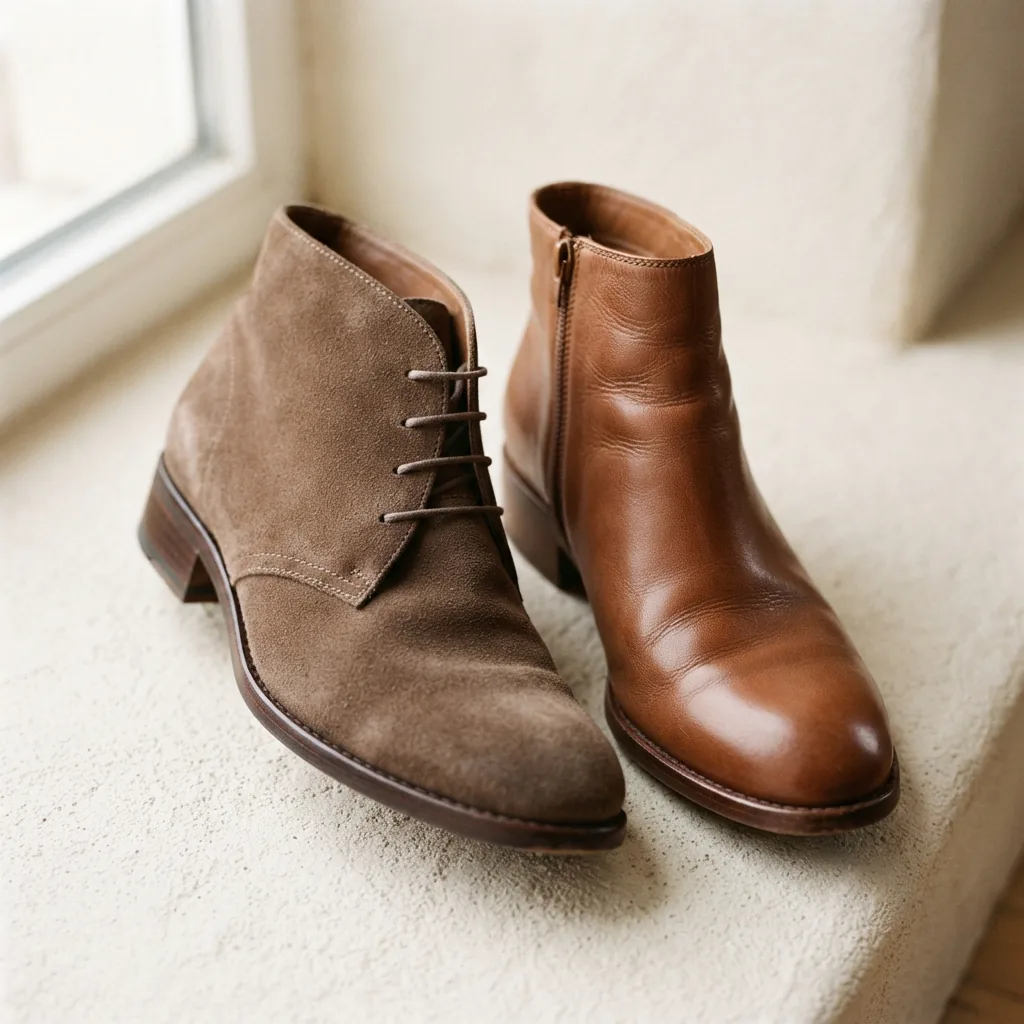Close view of a suede boot and a smooth leather-look boot surfaces under soft directional light