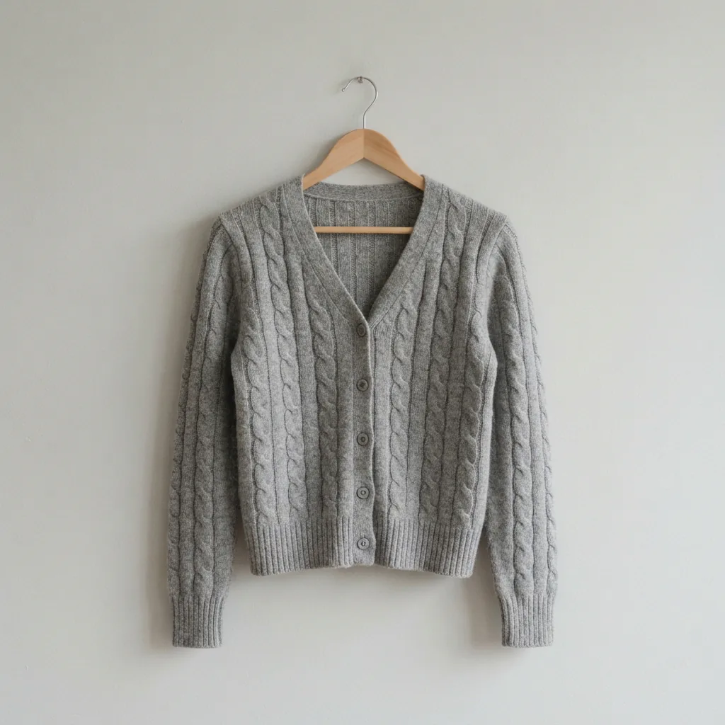 Petite cable knit cardigan sweater in grey on a wooden hanger against a pale wall
