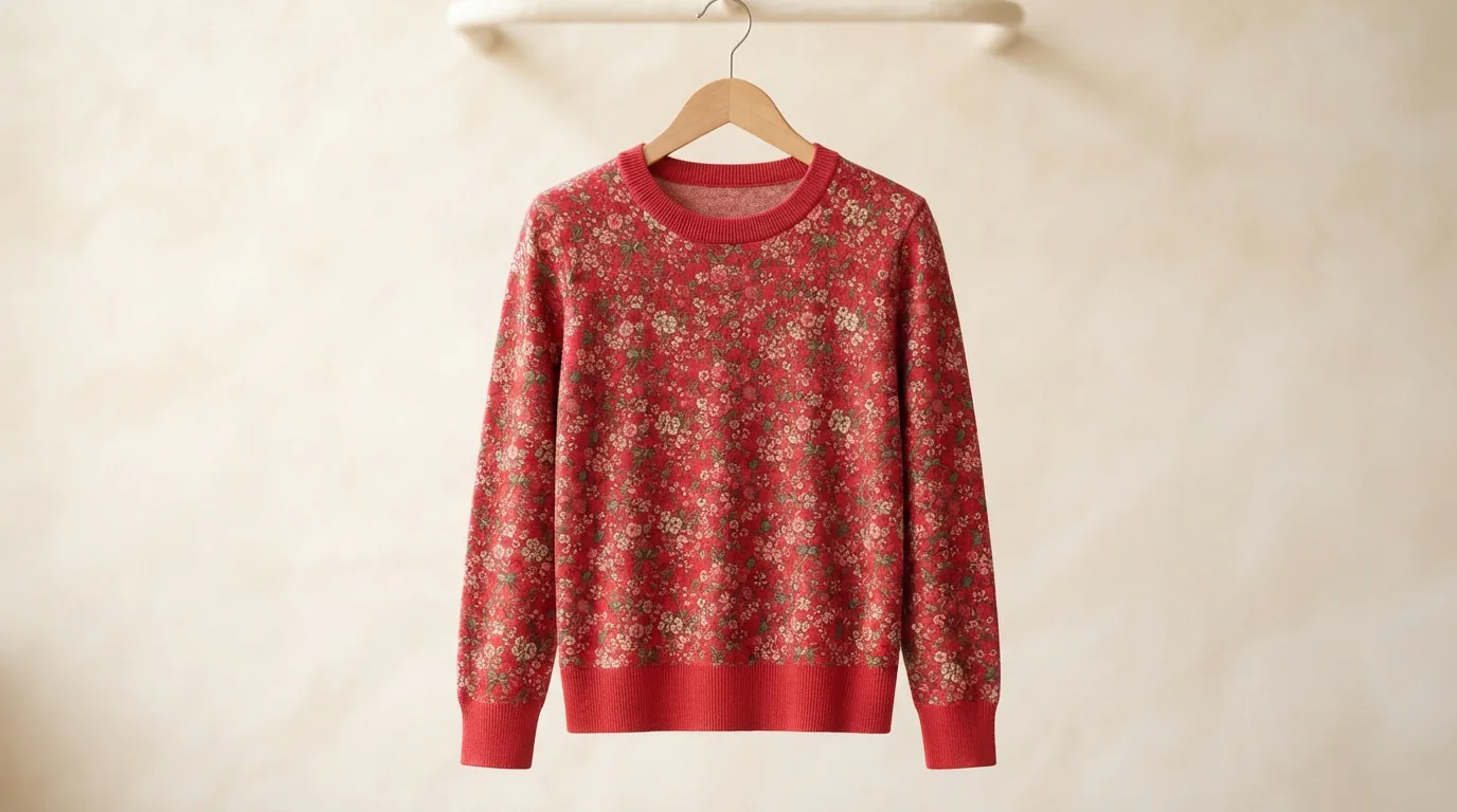 Red floral cotton knit round neck pullover blouse on a hanger