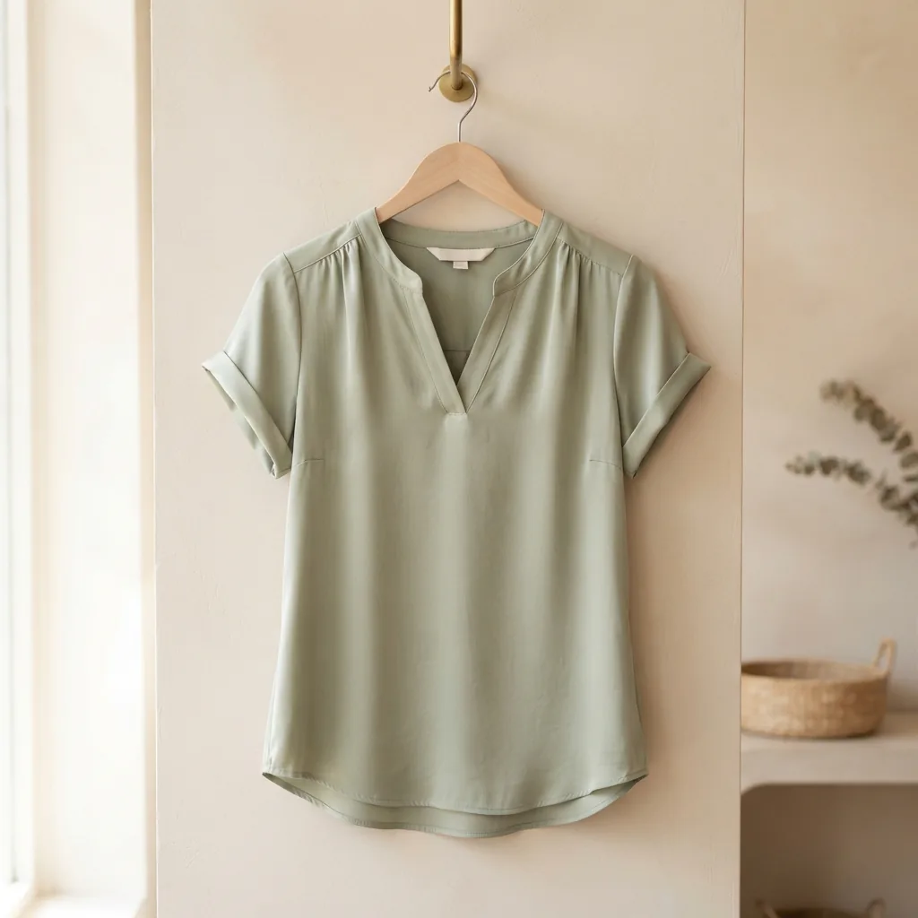 Kim Rogers blouse on a wooden hanger against a soft neutral wall