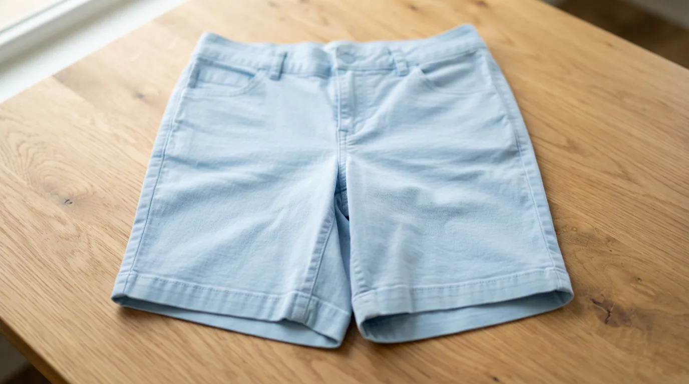 A pair of pale blue petite capri pants, size 6P, folded on a warm wooden surface.