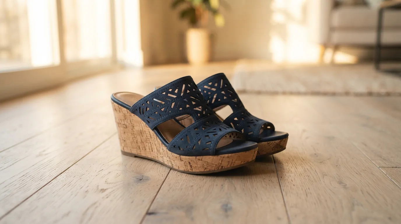 Navy cut-out wedge mule sandals on a light wooden floor, no people