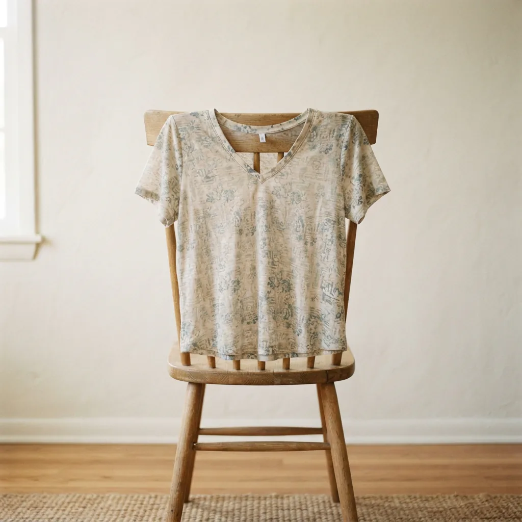 Lightweight short sleeve V-neck top with prints draped over a plain chair back
