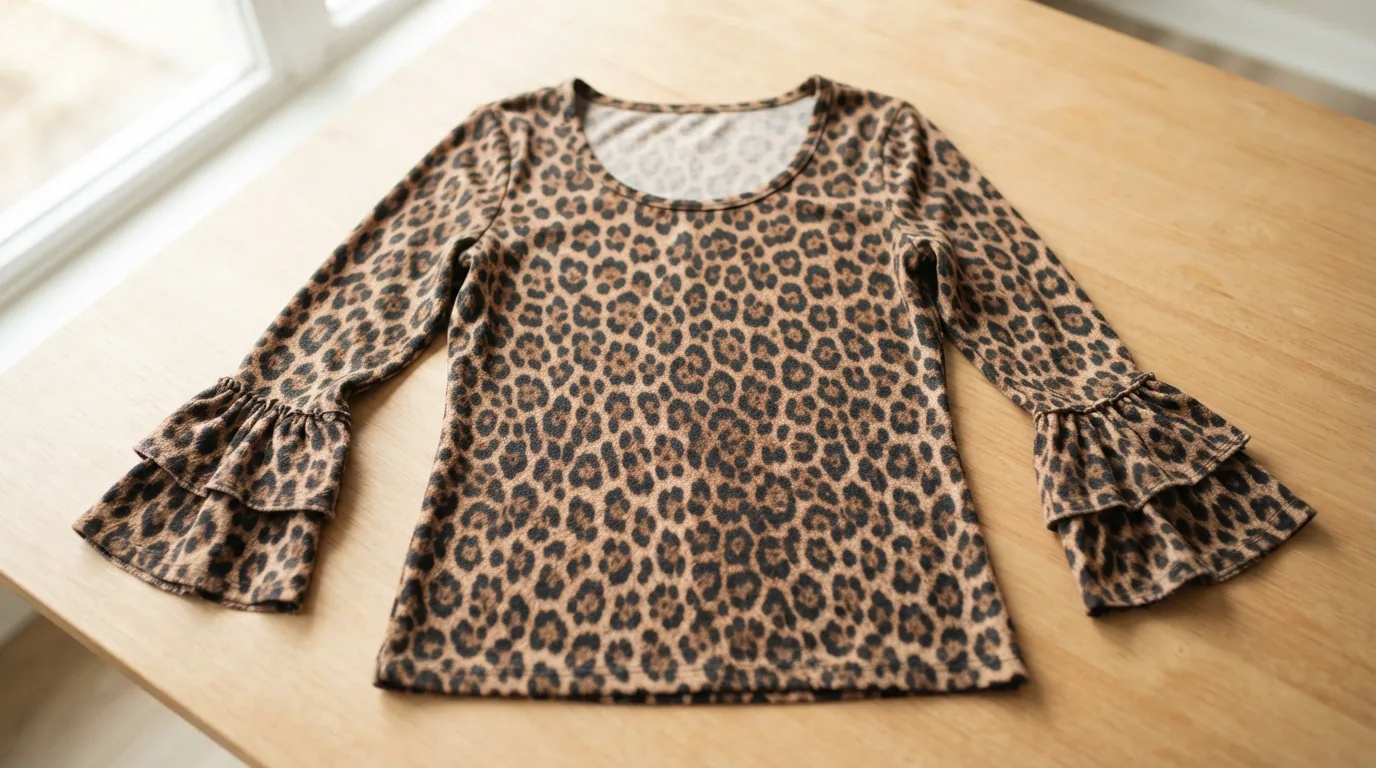 Leopard print long sleeve top with ruffle sleeves laid flat on a light table