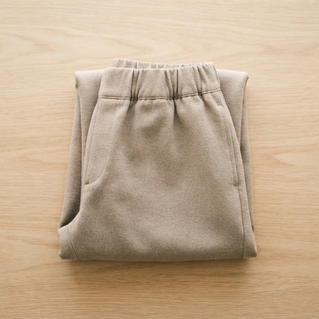 A neatly folded pair of women's pull-on trousers in a soft stone tone resting on pale wood