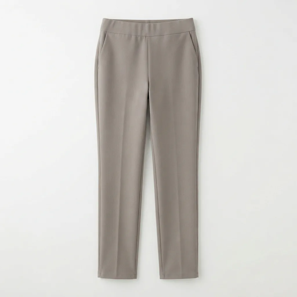 Women's pull-on pants laid flat vertically, showing the smooth elastic waistband