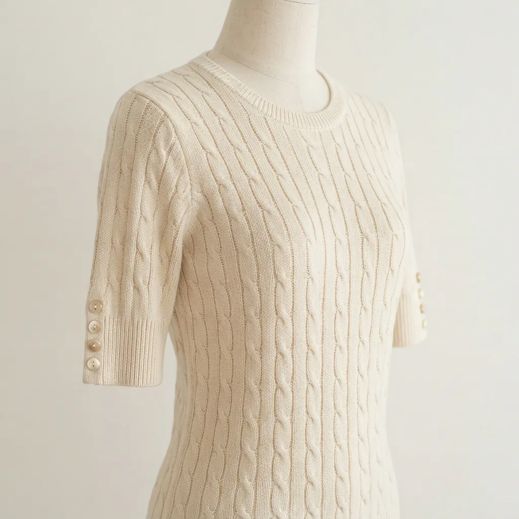 Elbow sleeve cable knit sweater with button trim displayed on a plain dress form