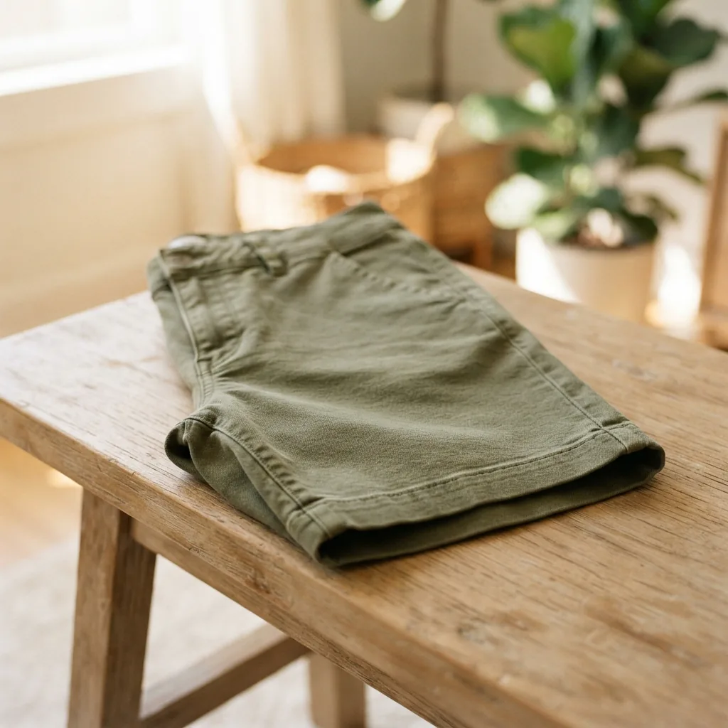 Kim Rogers Bermuda shorts folded on a pale wooden bench in warm daylight