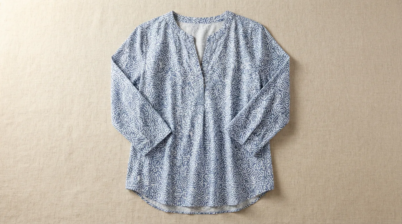 Printed three-quarter sleeve split neck top arranged flat with the neckline open