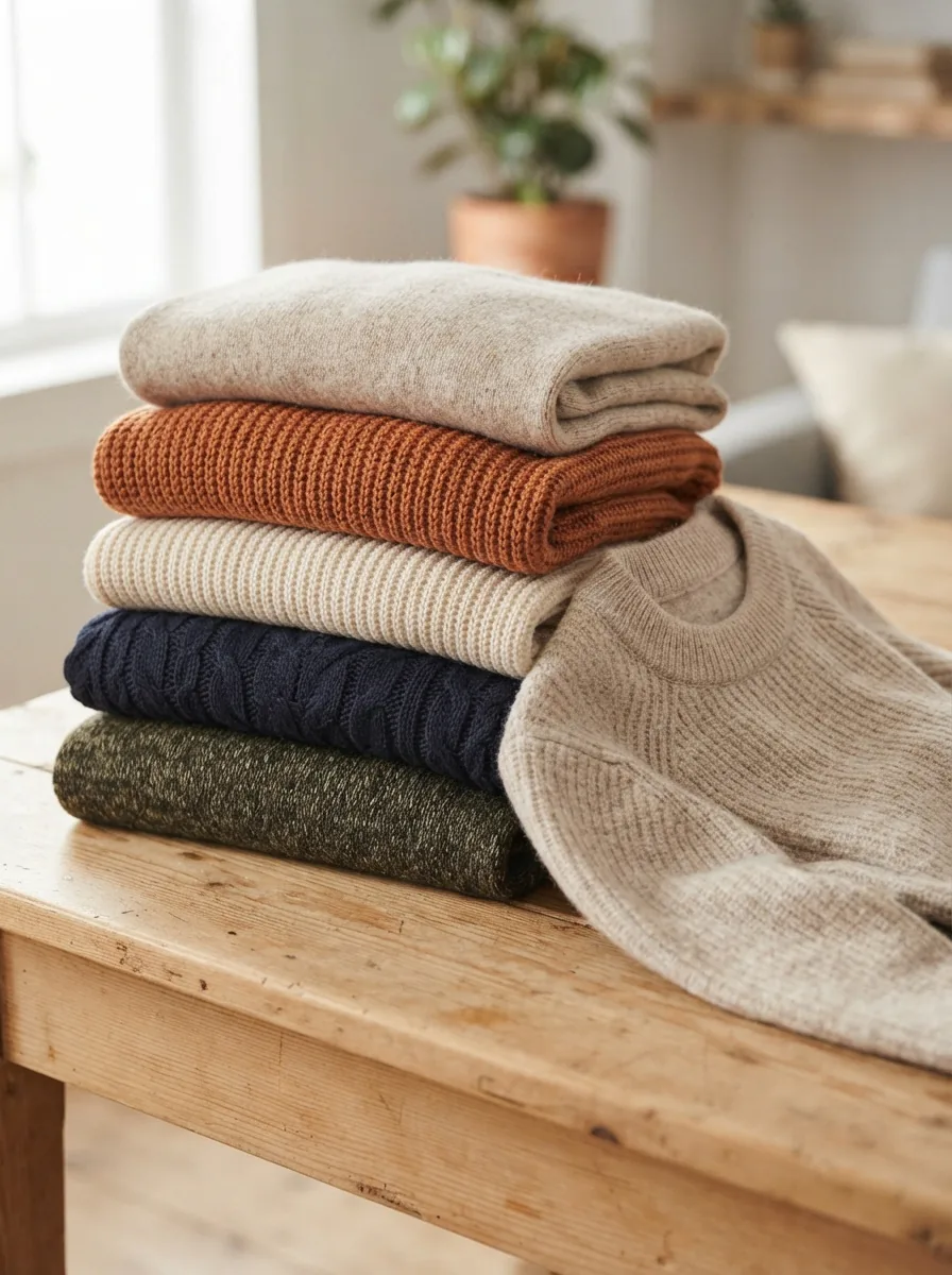Folded Kim Rogers knit sweaters in several colors stacked on a light wooden table