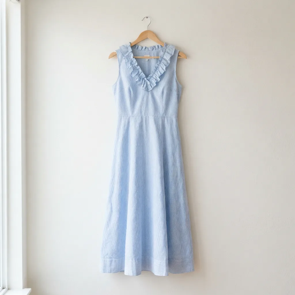 Light blue and white striped midi dress with a ruffle neckline on a slim hanger