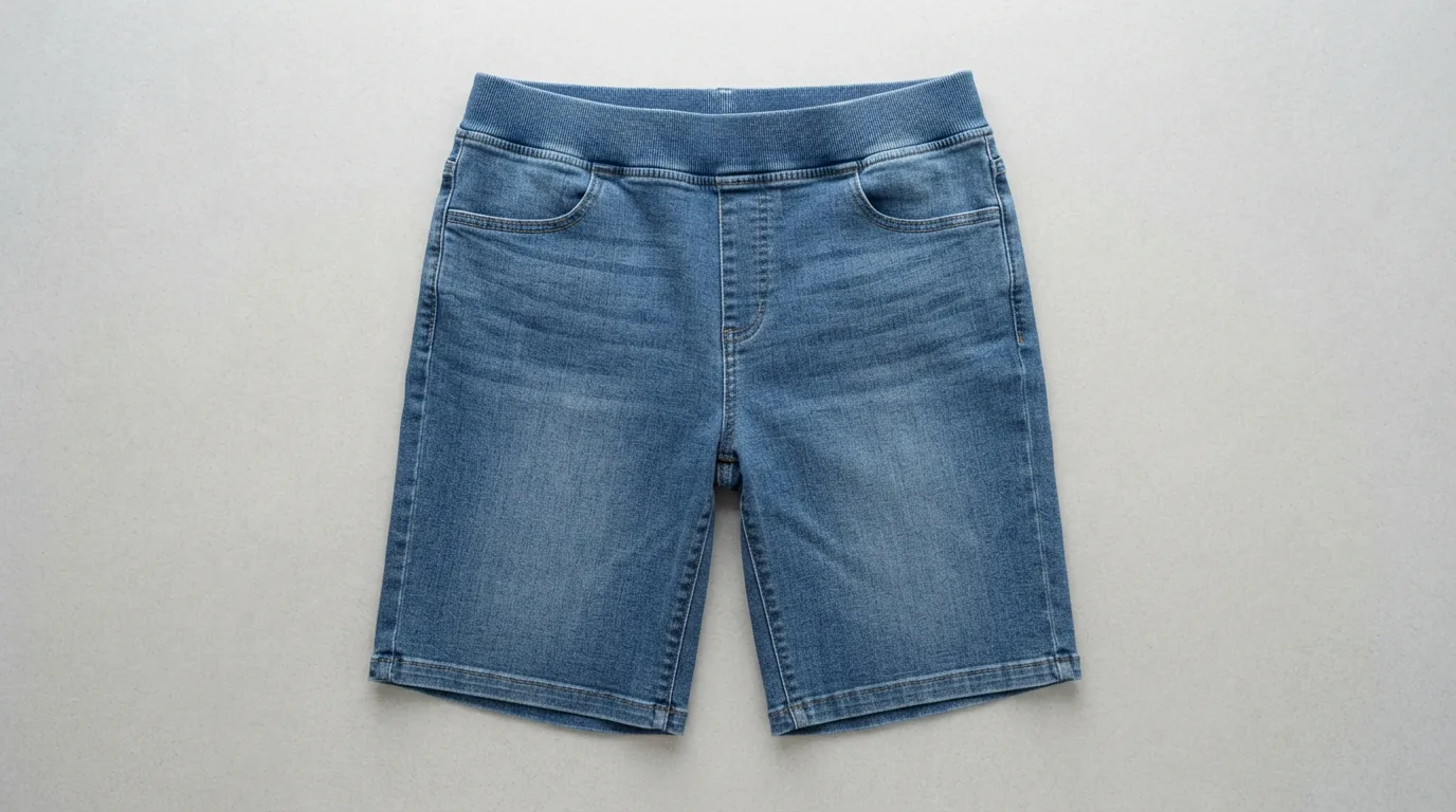 Denim Bermuda shorts with a pull-on comfort waistband laid flat on a pale grey surface