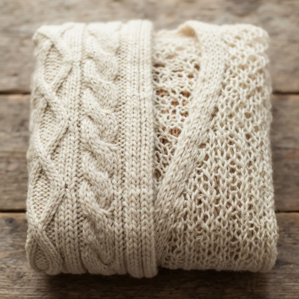 Close view of a dense cable knit cardigan texture in soft daylight