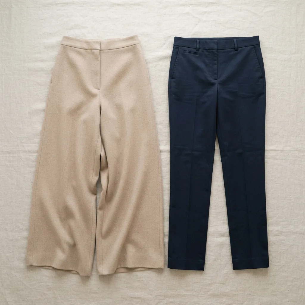 Two women's pant legs, one wide and one straight, laid side by side on a light surface