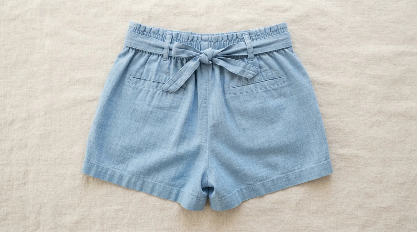 Light blue chambray shorts showing an elastic back tie waist on a pale linen background