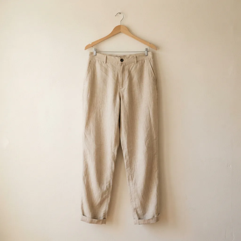 Women's relaxed fit trousers hanging on a wooden hanger against a pale wall