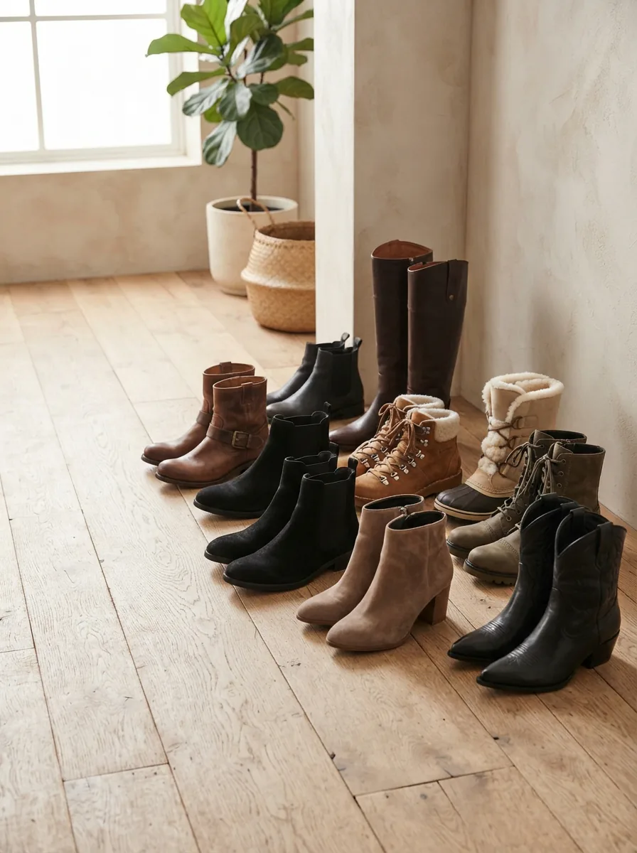 Assortment of women's ankle boots, knee-high boots and winter boots arranged on a light wooden floor