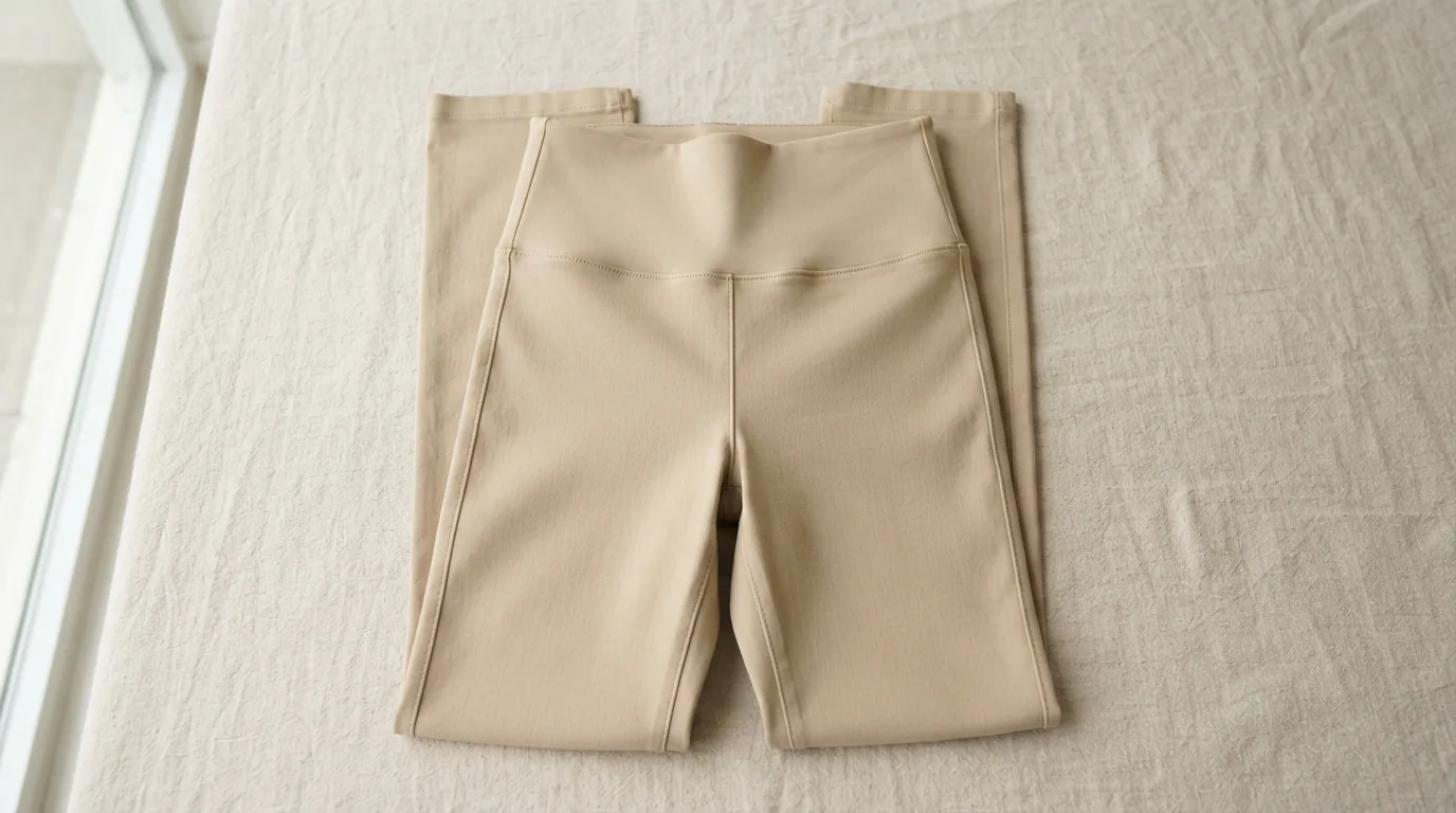 A pair of light khaki tummy control capri pants, size 10, laid flat with the waistband forward.