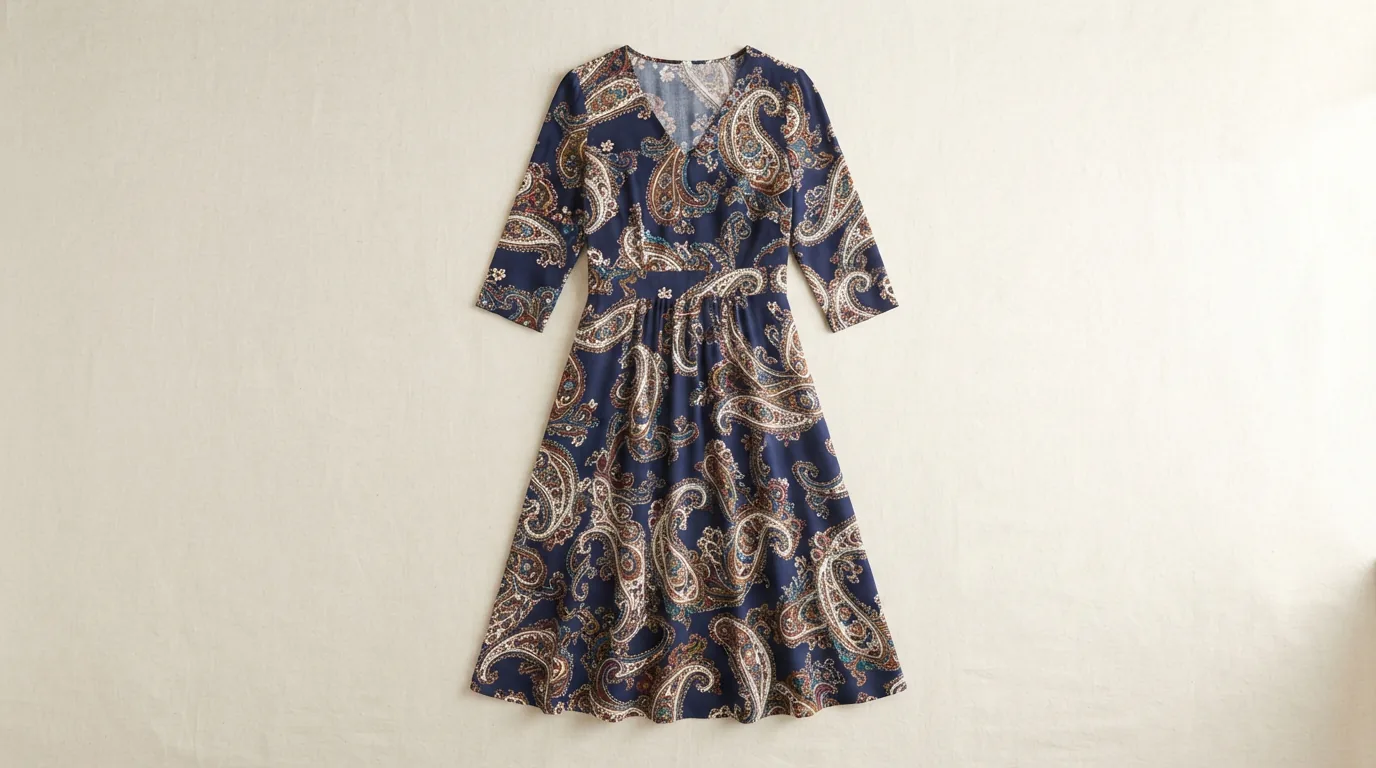 Kim Rogers navy paisley midi dress laid flat on a pale surface with the print clearly visible