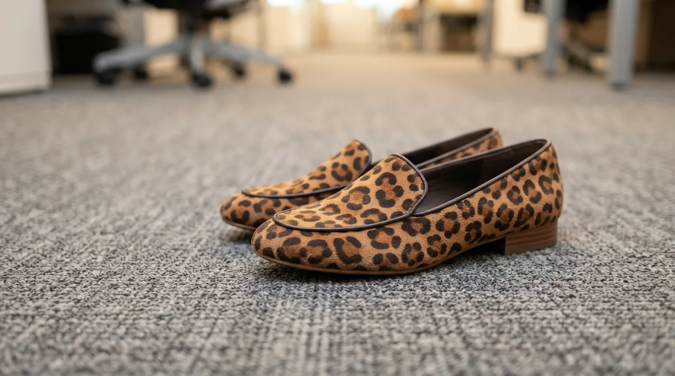 Leopard print loafers on a carpeted office floor, no people
