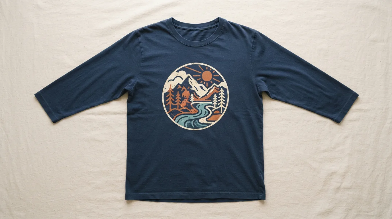 Three-quarter sleeve crew neck graphic t-shirt laid flat on a light surface