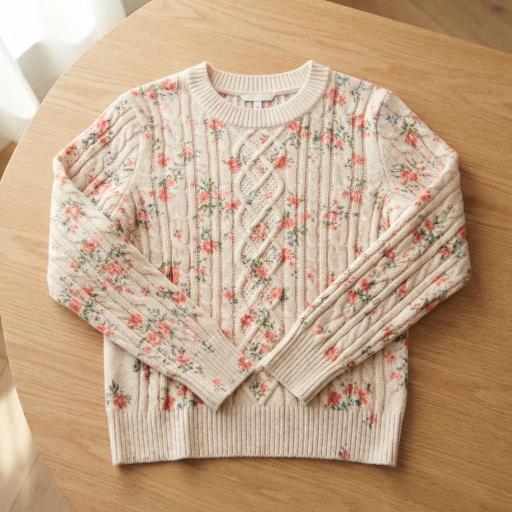 Printed cable knit crew neck sweater in warm tones laid flat on a light oak table