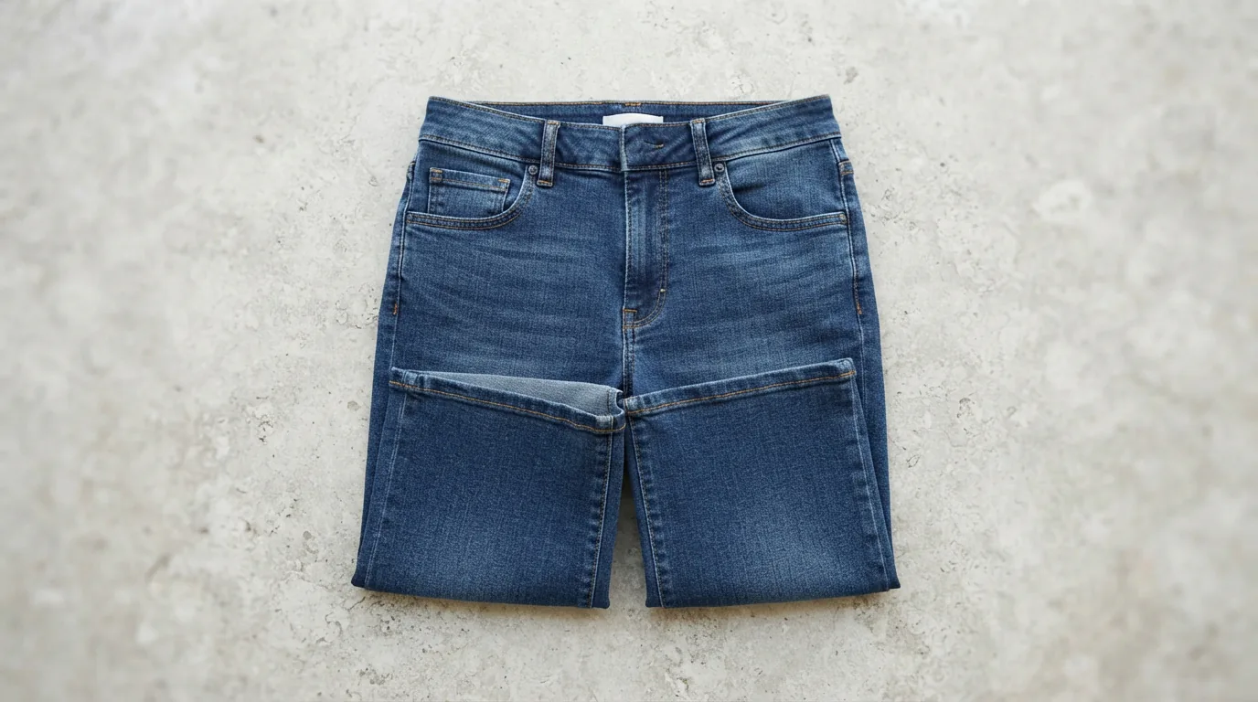 Denim-look cotton blend Bermuda shorts folded on a light surface showing fabric texture