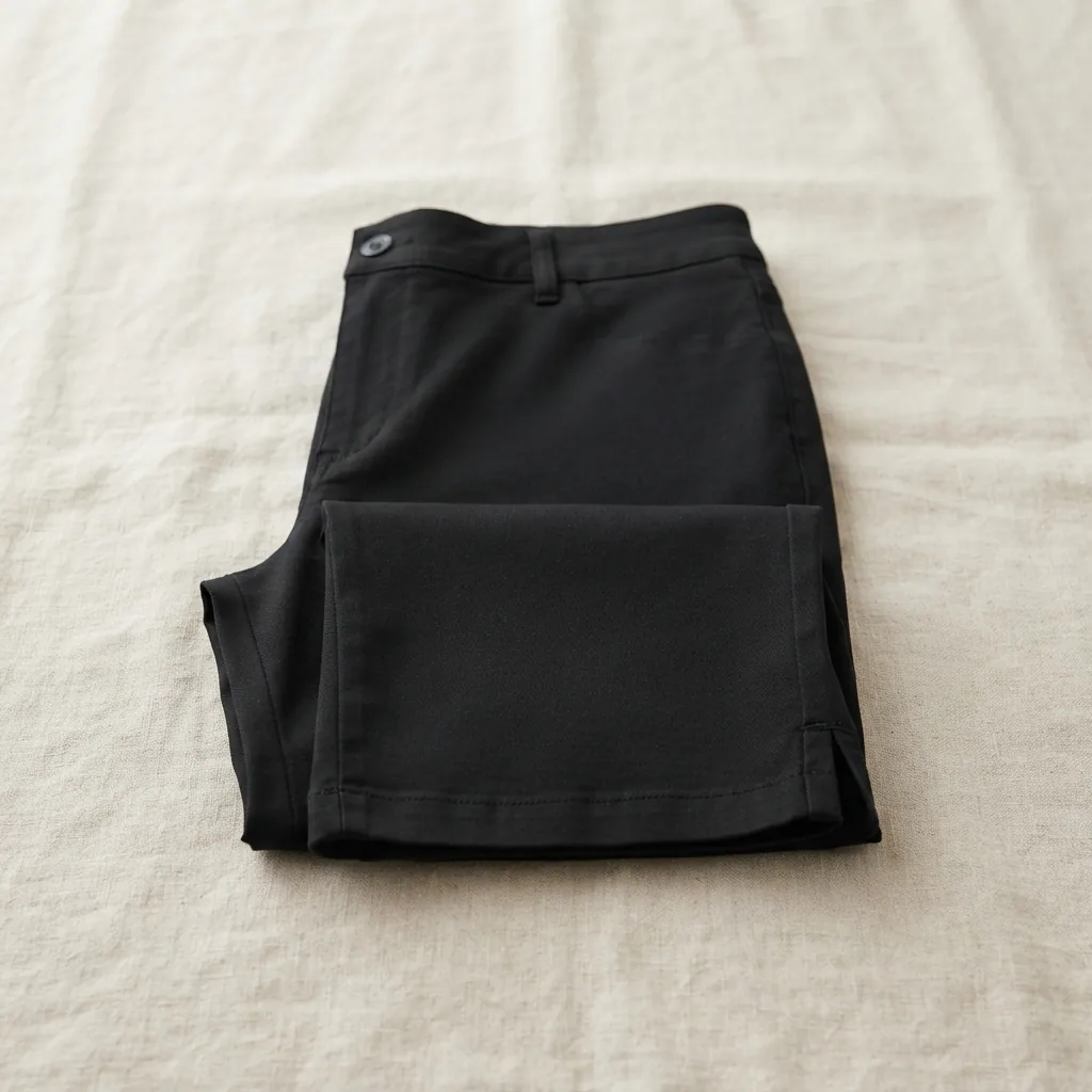 A pair of black plus size stretch capri pants folded on a pale linen backdrop.