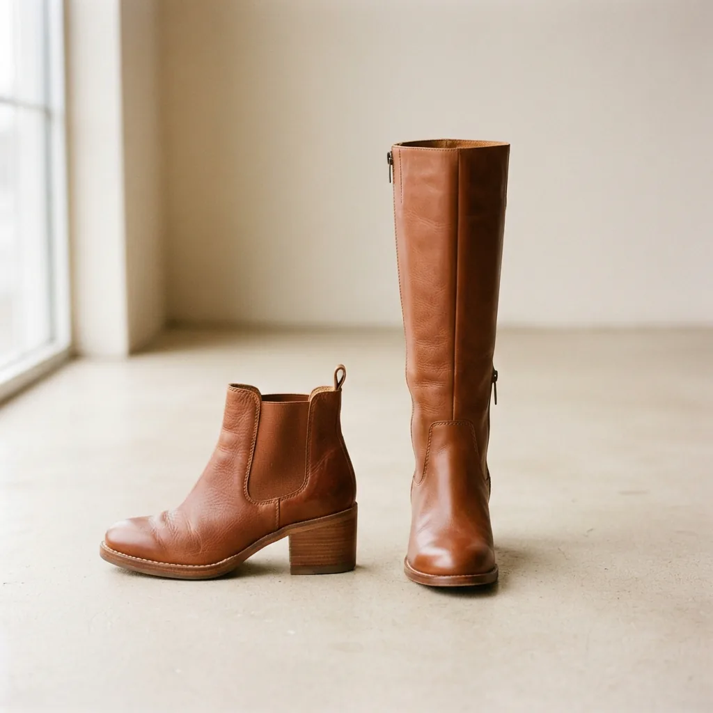 Two women's boots of different shaft heights standing side by side on a light studio floor