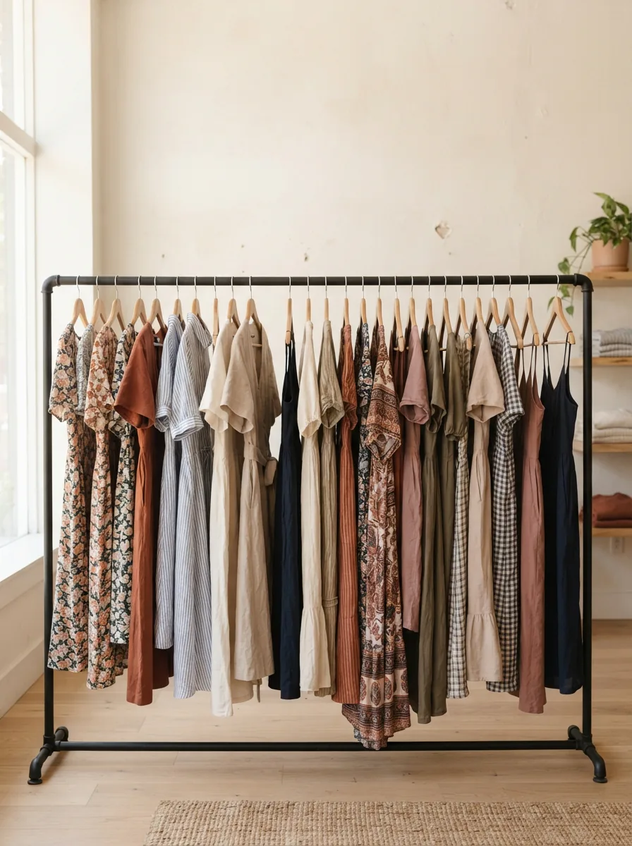 A rack of assorted women's everyday dresses in varied lengths, prints and fabric weights in a bright studio