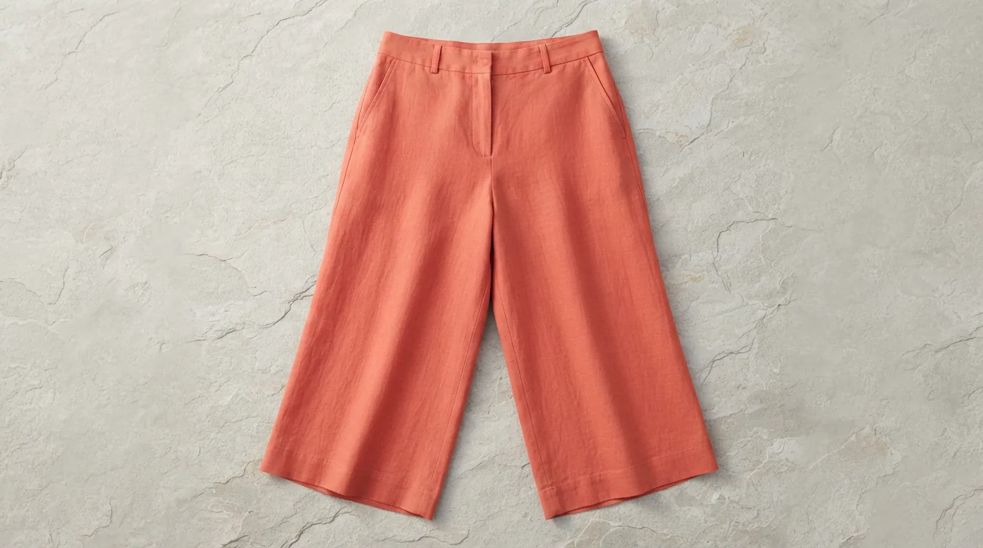 A pair of coral wide leg capri pants, size 18, laid flat with the leg opening spread.