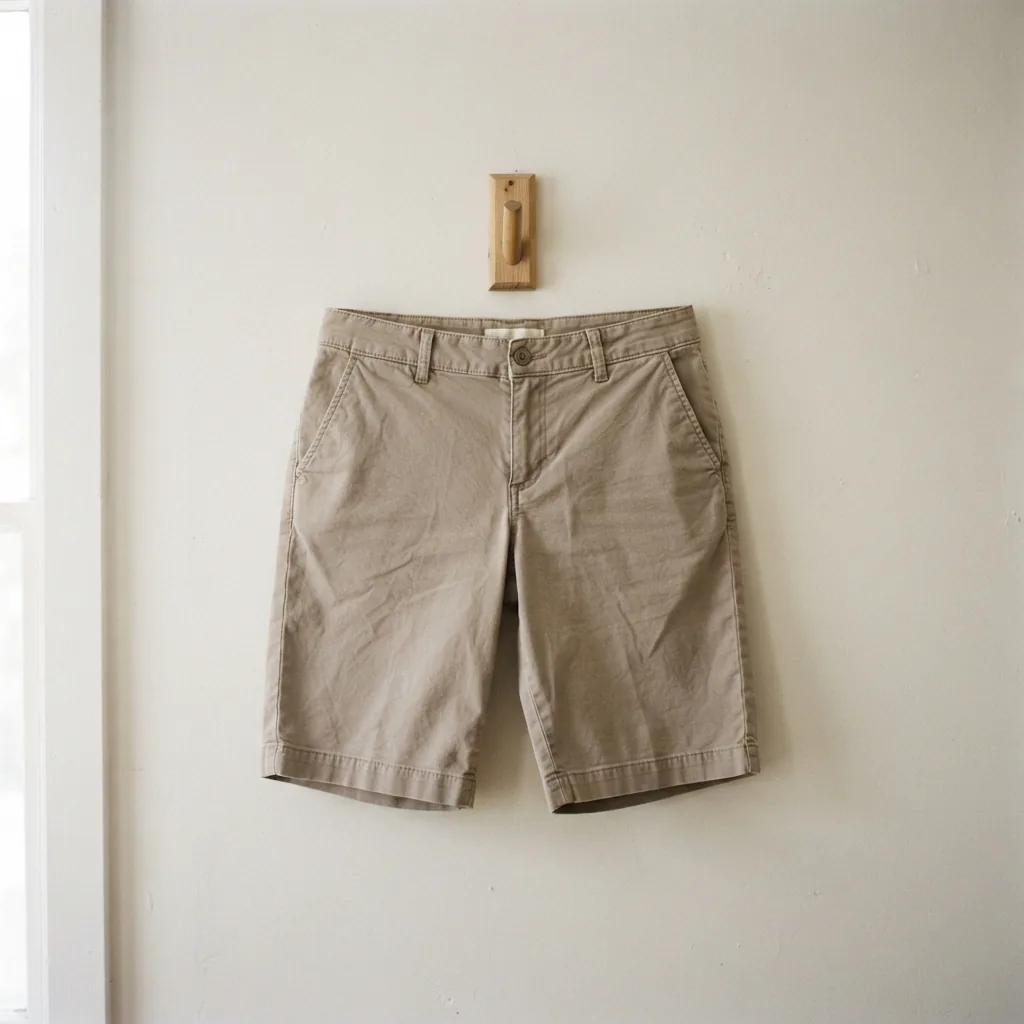 Pair of women's taupe Bermuda shorts hanging on a simple wooden hook