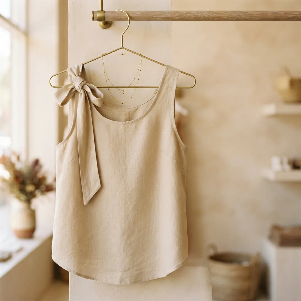 Side tie top on a hanger with its necklace detail at the shoulder
