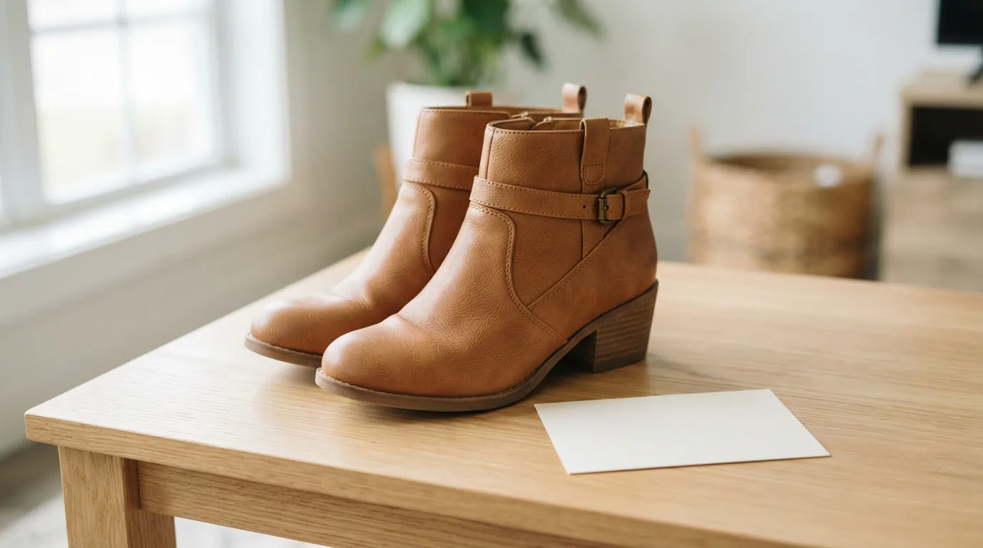 Single pair of women's ankle boots on a light tabletop with a small sizing card nearby