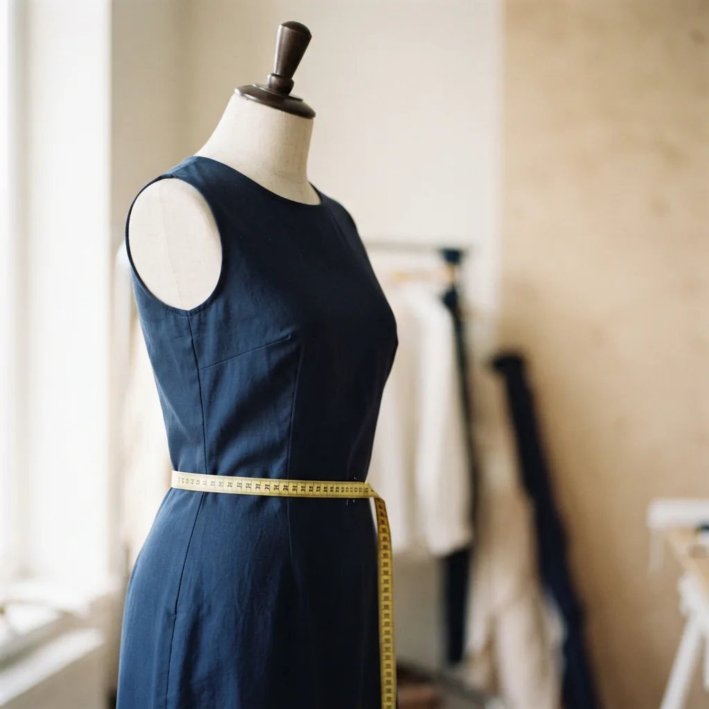 Tailor's tape wrapped around the hip of a dress form wearing a plain navy dress