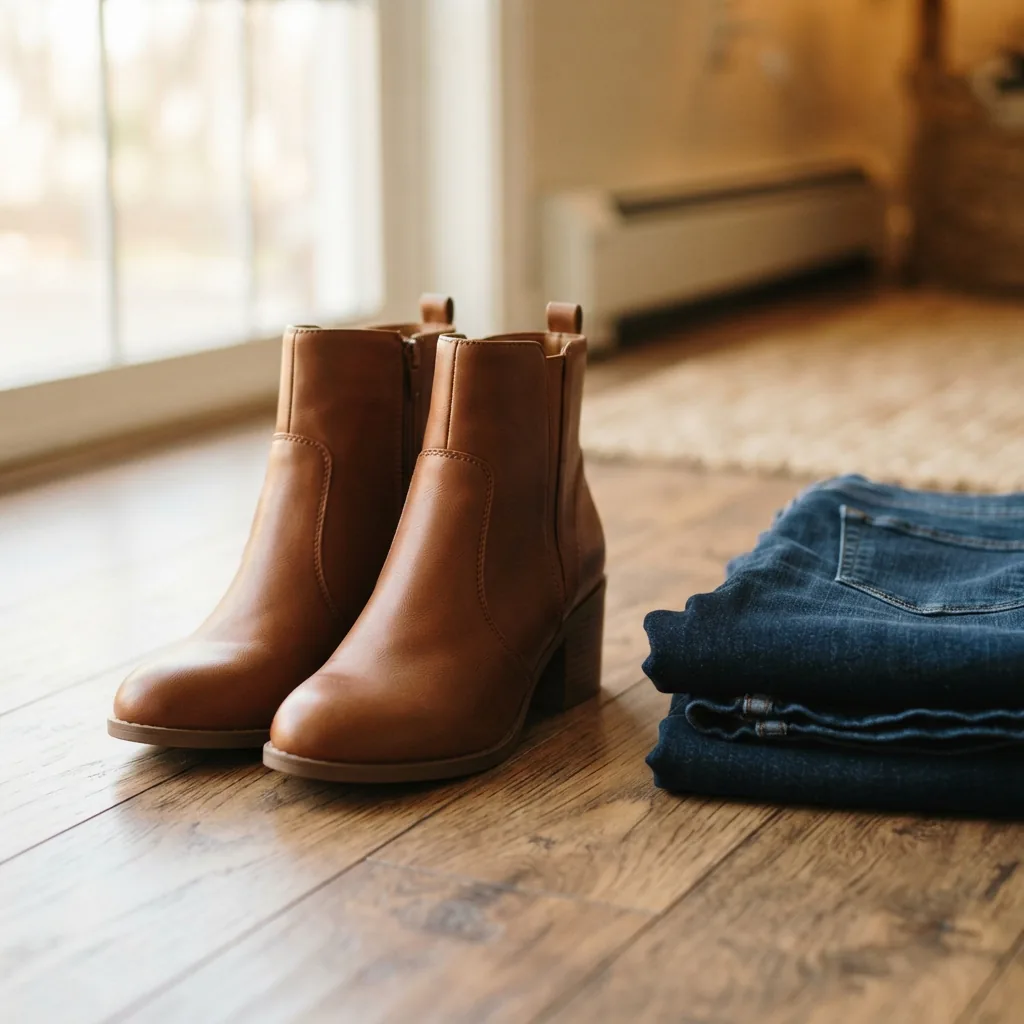 Women's ankle boots standing on a wooden floor beside a folded pair of jeans