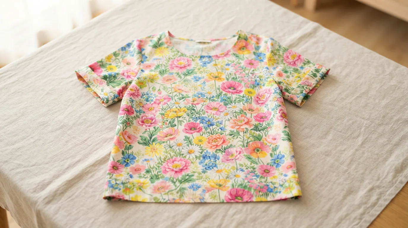 Floral print top laid flat on a light surface showing its bright pattern