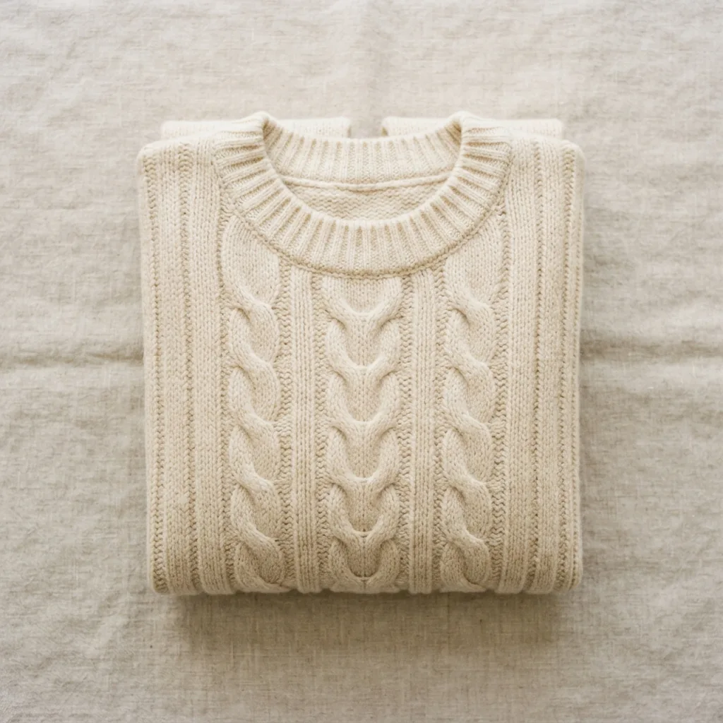 Cream cable knit crew neck sweater folded neatly on a pale linen surface