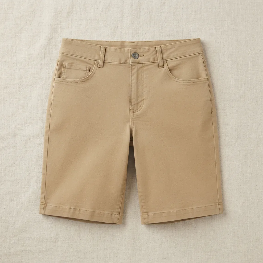 Flat-lay of one pair of Bermuda shorts showing waist and hip proportions