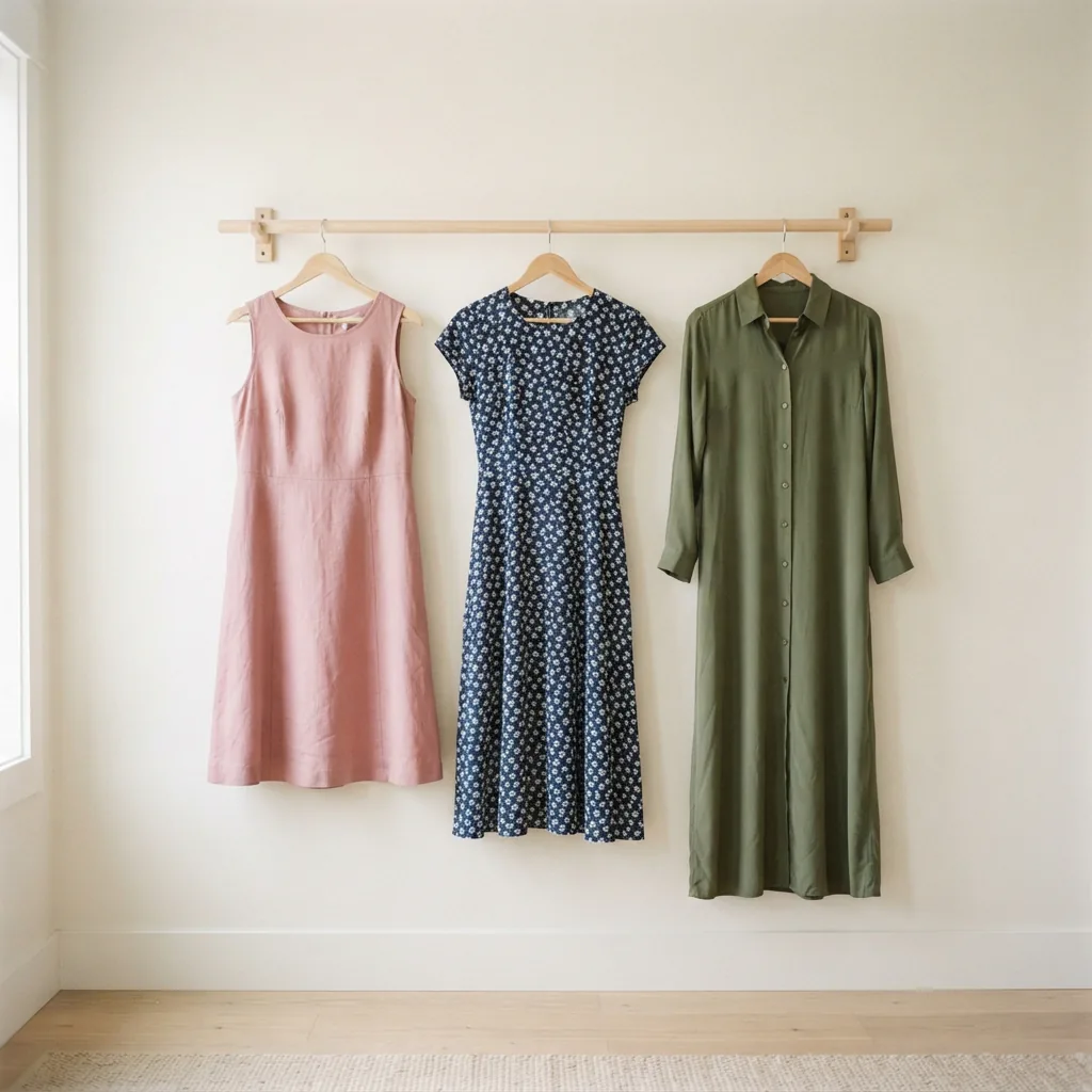 Three dresses of different lengths hanging evenly spaced on a simple wooden rail