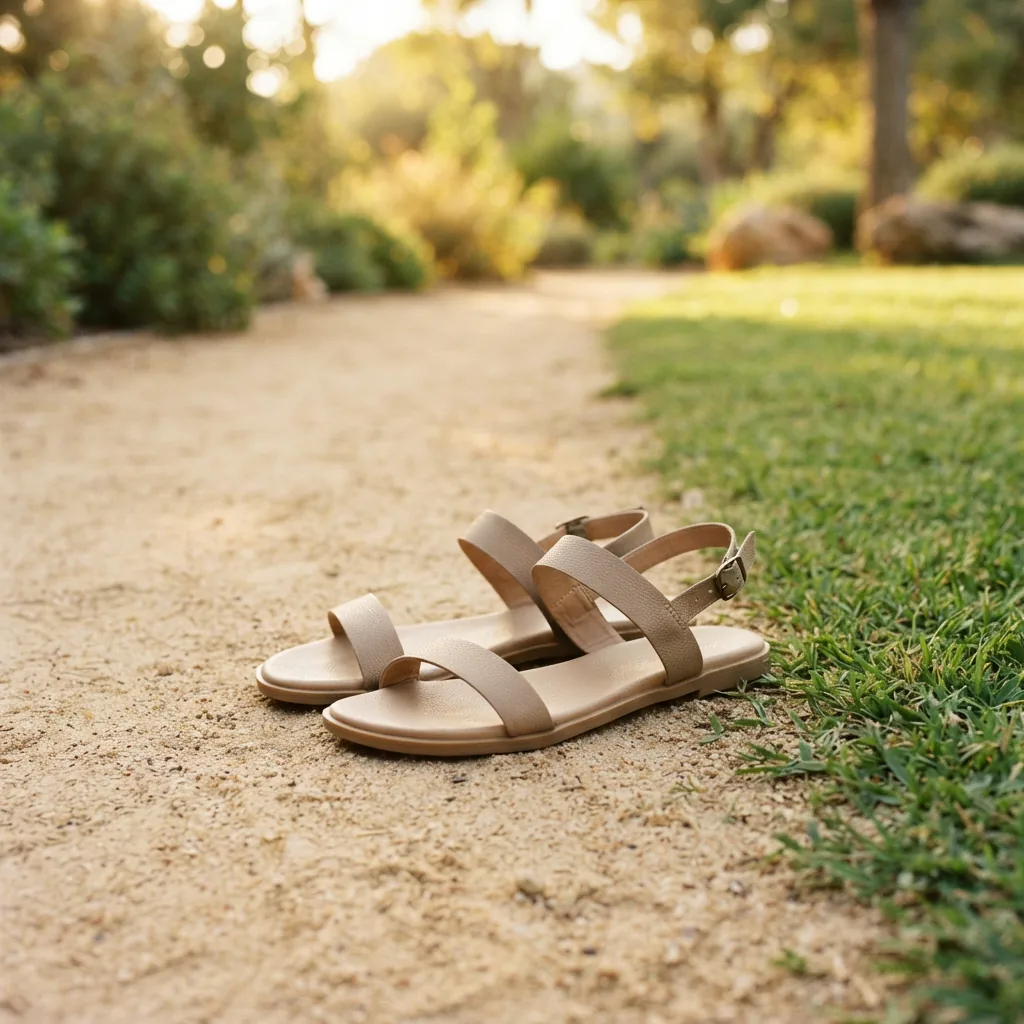 Women's flat sandals on a sandy path beside green grass, no people