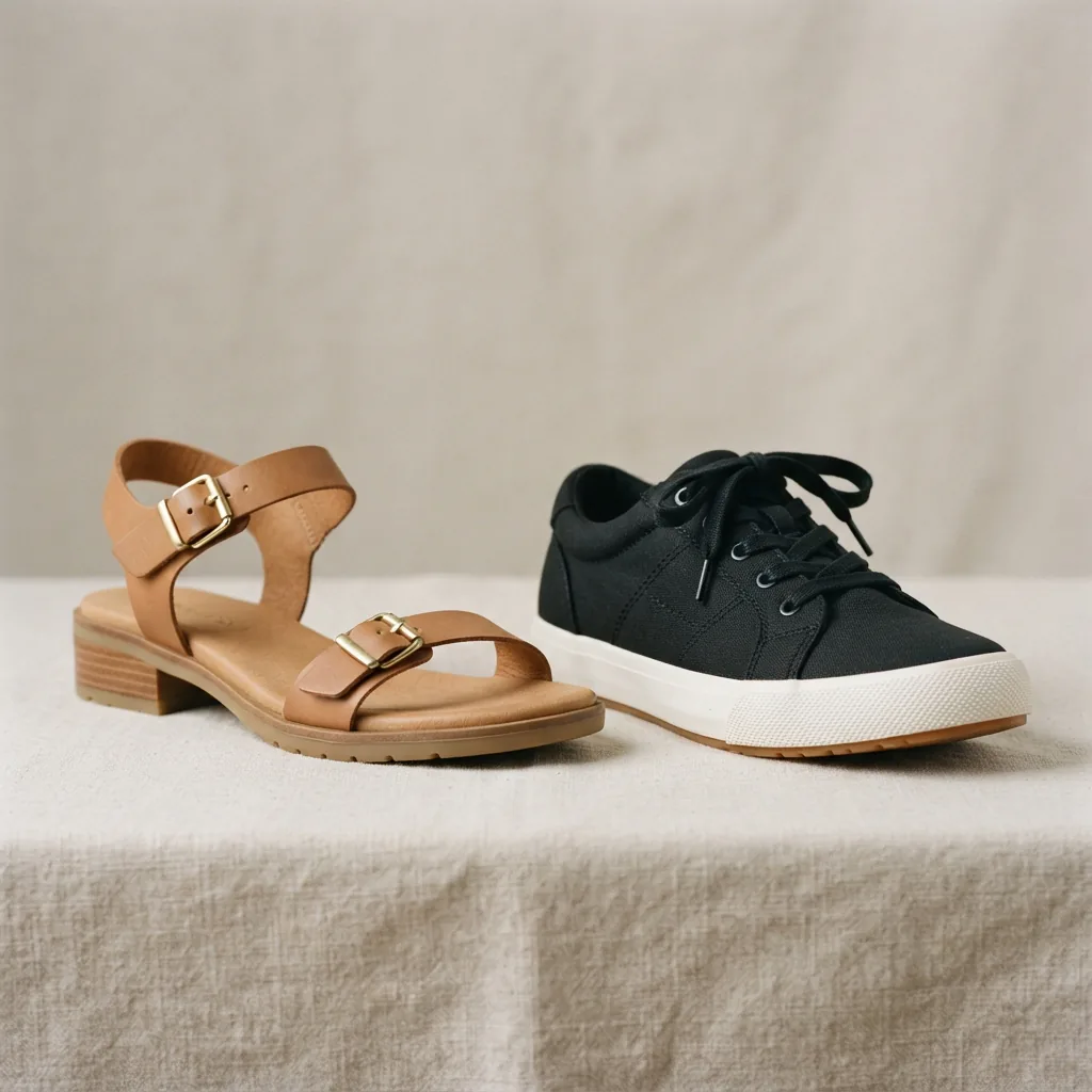 One open sandal and one closed women's shoe side by side on a neutral backdrop
