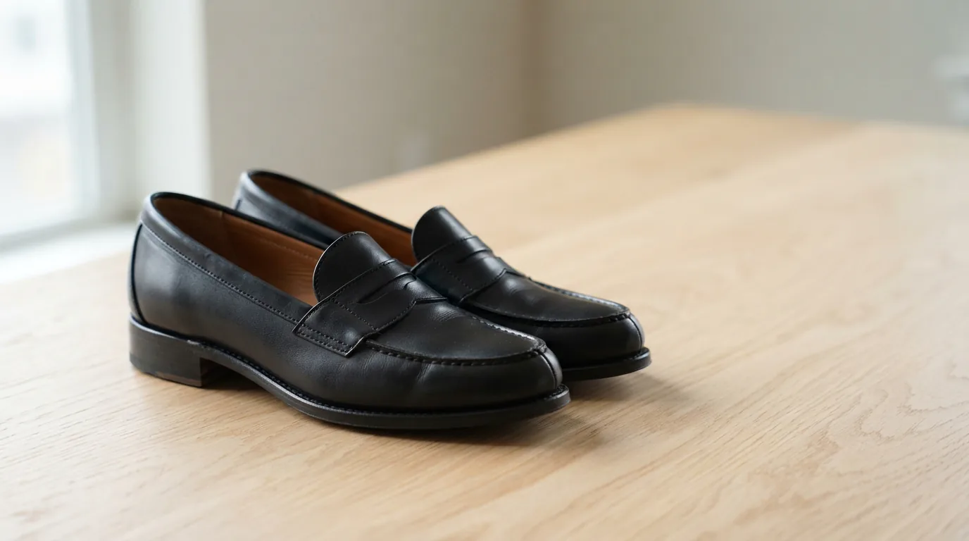 Black leather penny pumps on a pale wooden table, no people